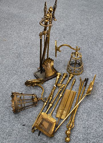 A COLLECTION OF 19TH CENTURY AND LATER BRASS FIRE TOOLS, including two sets