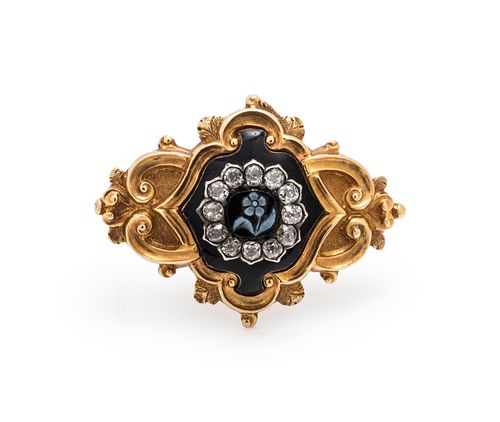 VICTORIAN, YELLOW GOLD, HARDSTONE AND DIAMOND MOURNING BROOCH