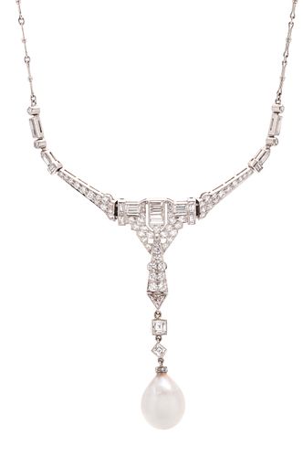 TIFFANY & CO., ART DECO, DIAMOND AND NATURAL PEARL NECKLACE