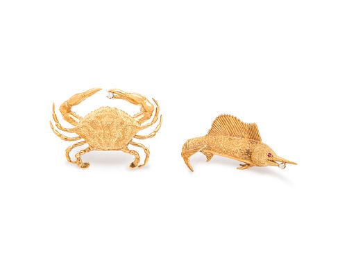COLLECTION OF YELLOW GOLD SEA CREATURE BROOCHES