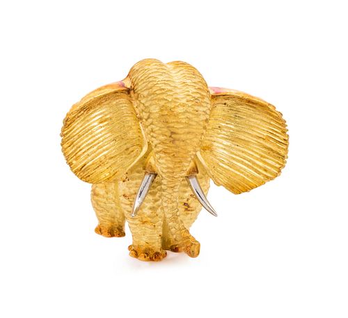HENRY DUNAY, YELLOW GOLD AND PLATINUM ELEPHANT BROOCH