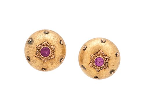 BUCCELLATI, YELLOW GOLD AND RUBY EARCLIPS