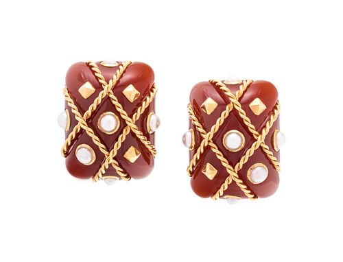 SEAMAN SCHEPPS, CARNELIAN AND CULTURED PEARL 'CAGE' EARCLIPS