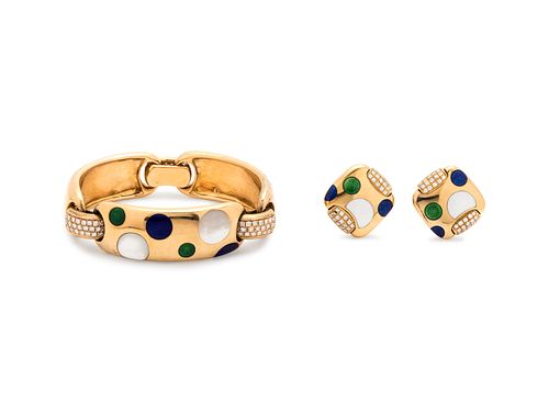YELLOW GOLD, MOTHER-OF-PEARL, ENAMEL AND DIAMOND SET