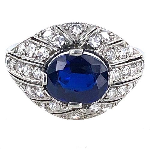 Art Deco Diamond No Heat Sapphire Platinum Ring