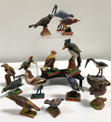 15 Miniature Carved Folk Art Birds
