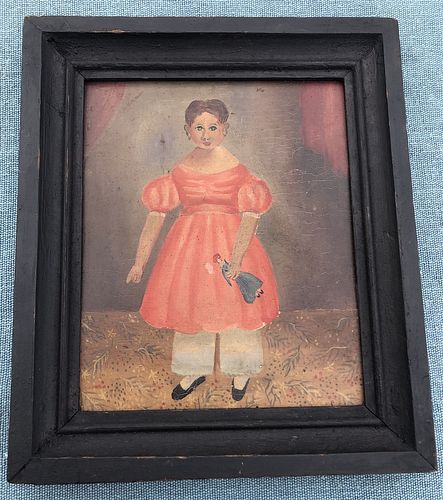 Folk Art Portrait of a Child in a Red Dress