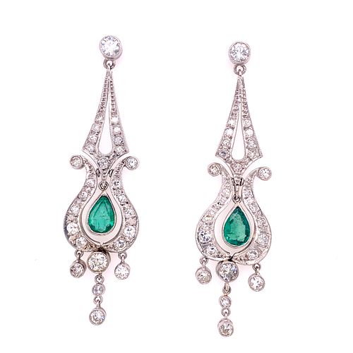 Art Deco 18k Gold Diamonds Emeralds Earrings