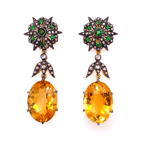 Gold & Silver Citrine Emerald Diamonds Earrings