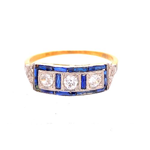 Art Deco 18k Gold Sapphire Diamonds Ring
