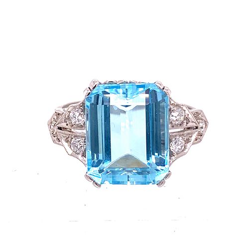 Art Deco Platinum Aqua Diamonds Ring