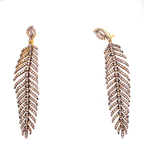 18k Gold Champagne Diamonds Feathers Earrings 