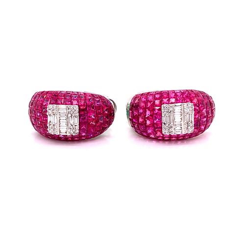 18k Gold Diamonds Rubies Huggies Earrings
