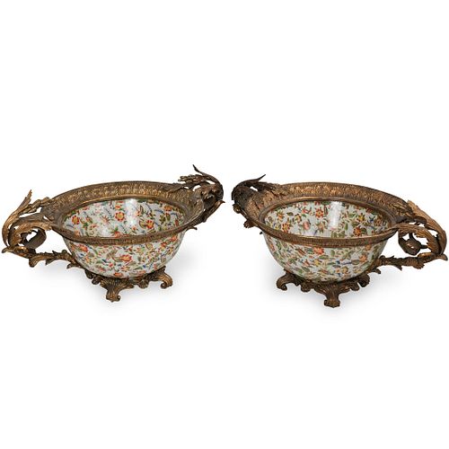 Pair of Large Porcelain and Bronze Jardinieres
