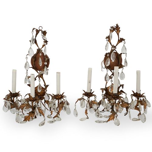 Pair of Gilt Metal and Crystal Sconces