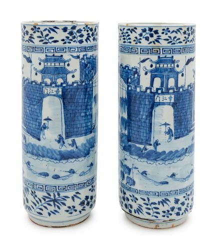 A Pair of Blue and White 'Landscape' Porcelain VasesHeight 11 3/4 in., 29.8 cm.