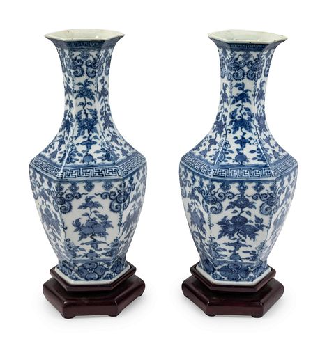 A Pair of Blue and White Porcelain 'Floral and Fruit' Hexagonal VasesHeight 12 1/2 in., 31.8 cm,