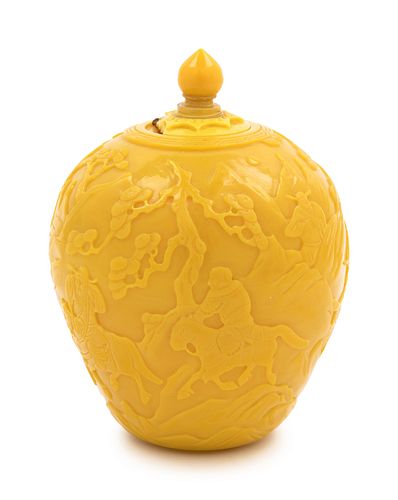 A Yellow Peking Glass Covered Jar
Height 6 in., 12.5 cm.