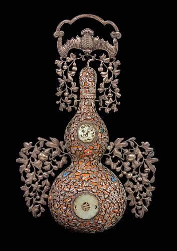 A Jade and Hardstone Embellished Silver Mounted Gourd-Form Wall Vase
Height 20 1/2 in., 52 cm.