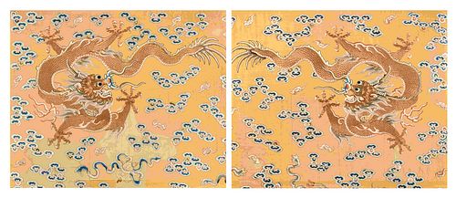 A Large Pair of Yellow Ground Gold Thread 'Dragon' Embroidery Silk Panels
Height 50 1/2 x width 62 in., 128.3 x 157.5 cm.