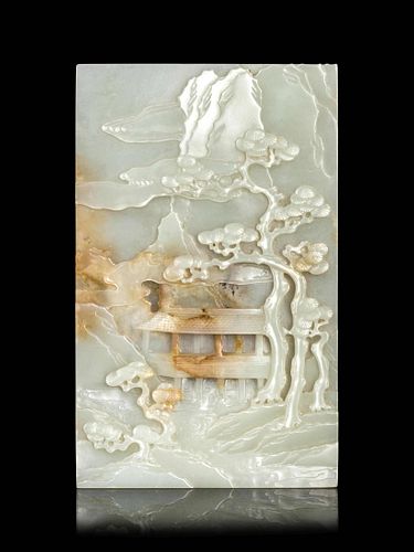 A Carved White and Russet Jade 'Mountainscape' Plaque
Height 8 x width 5 in., 20.3 x 12.7 cm.