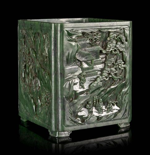 A Carved Spinach Jade 'Landscape' Square Brush Pot
Height 6 1/2 in., 16.5 cm. 