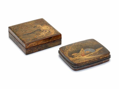Two Japanese Maki-e Lacquered Boxes and Covers
Length of largest 3 1/2 in., 8.9 cm.