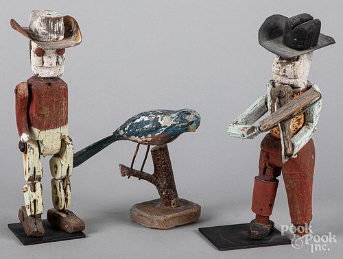 Pair of painted articulated cowboy figures, etc.