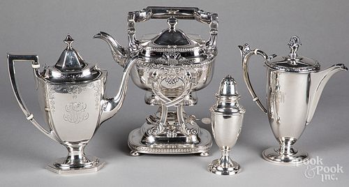 Two sterling silver teapots and a shaker