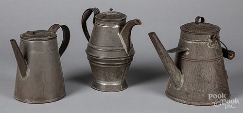 Three tin coffee pots, 19th c.