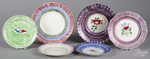 Six spatter plates and shallow bowls