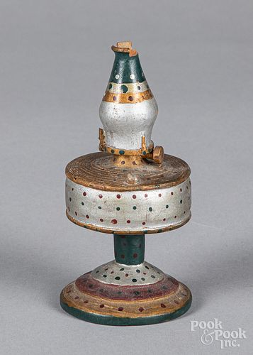 Miniature carved and painted oil lamp