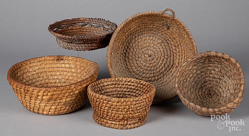 Five rye straw baskets, ca. 1900