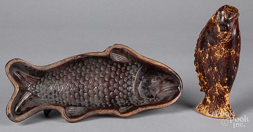 Redware fish mold and flask