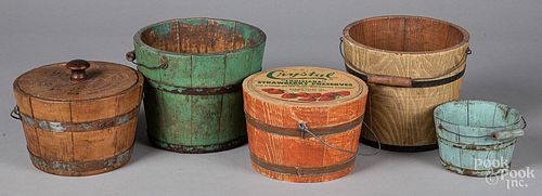 Five painted buckets and advertising pails