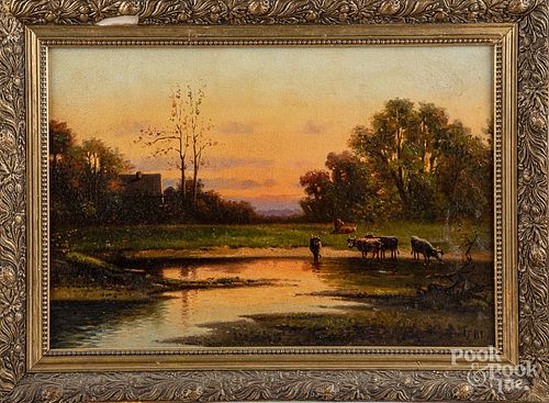 Oil on canvas sunset landscape, late 19th c.