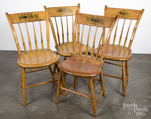 Set of four painted plank seat chairs, 19th c.