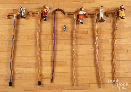 Five folk art carved canes, signed Lichtenwalner