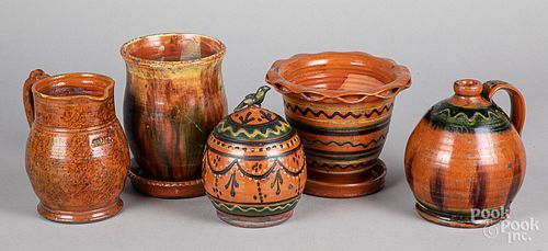 Five pieces of Shooner redware
