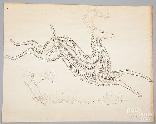Pen and ink calligraphy of a leaping stag, 19th c