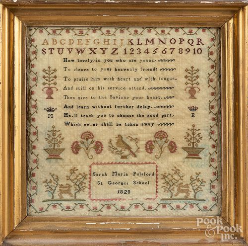 English silk on linen sampler dated 1828