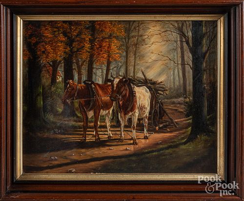 Oil on canvas of cows and a cart, late 19th c.