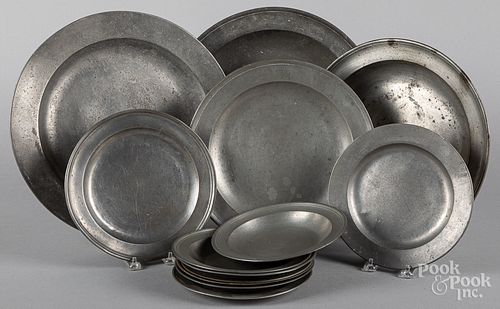 English pewter chargers, deep dishes, and plates