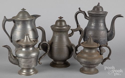 Five pieces of American pewter, 19th c.