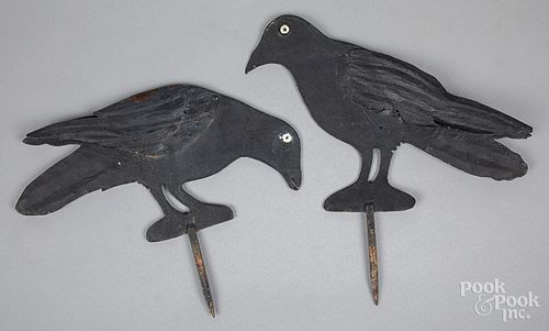Pair of painted sheet iron crow garden ornaments