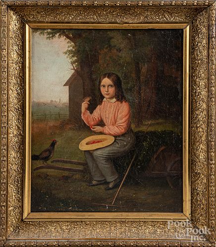 Oil on canvas portrait of boy with a bird, 19th c