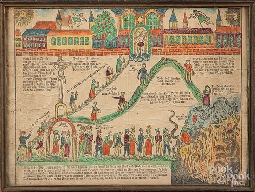 Printed and hand colored heaven and hell fraktur