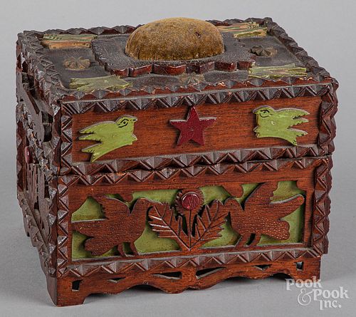 Painted tramp art sewing box, late 19th c.
