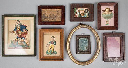 Group of small frames and framed items, etc.