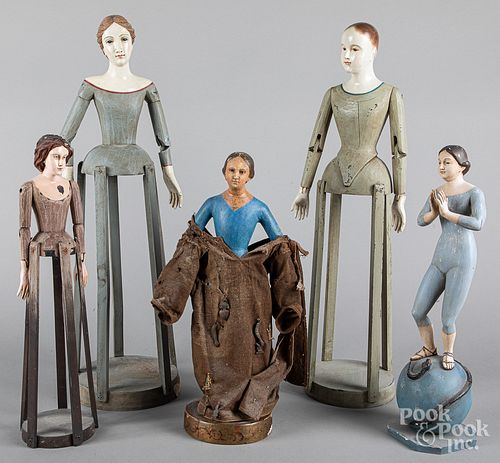 Five carved and painted Santos figures, 20th c.
